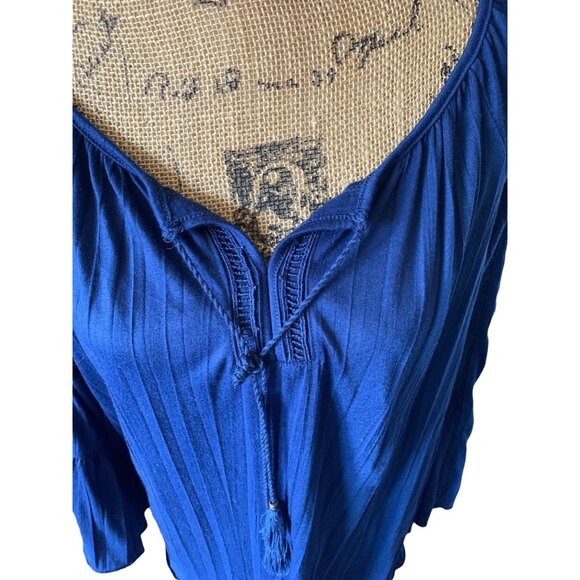 🍒 2/$20 🍒 Navy Blue Long Bell Sleeve French Laundry Tassel Tie Front Blouse M - Picture 2 of 6